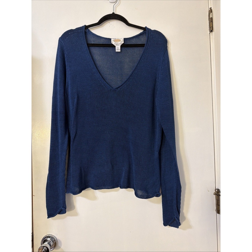 VTG Talbots Sz XL 100% Mercerized Rolled V Neck Sweater Blue Open Knit Coastal